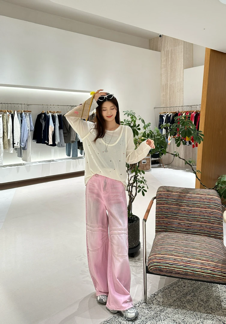 Fordare福蝶 设计师品牌 小众新款 粉色做脏机车长长裤