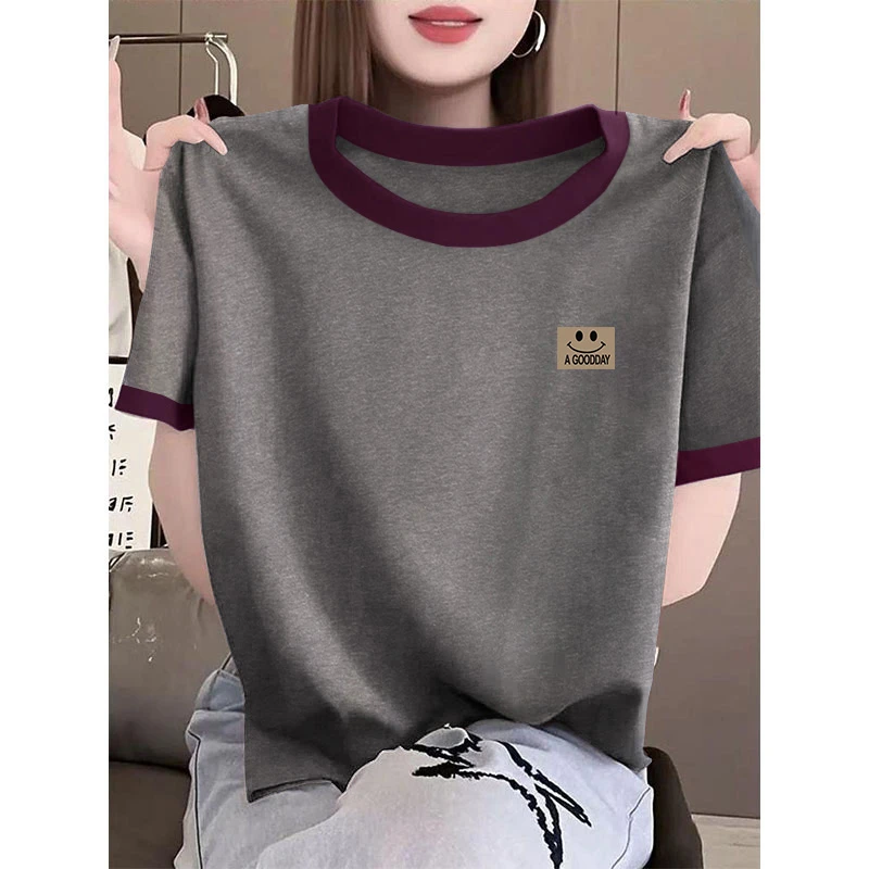2025新款撞色正肩圆领短袖t恤女时尚休闲宽松洋气百搭显瘦上衣夏
