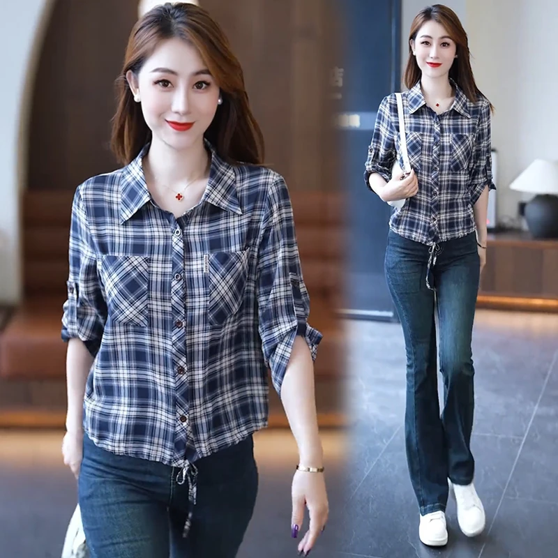 时尚休闲翻领格纹衬衫女士2025夏季新款洋气时髦百搭宽松短款上衣