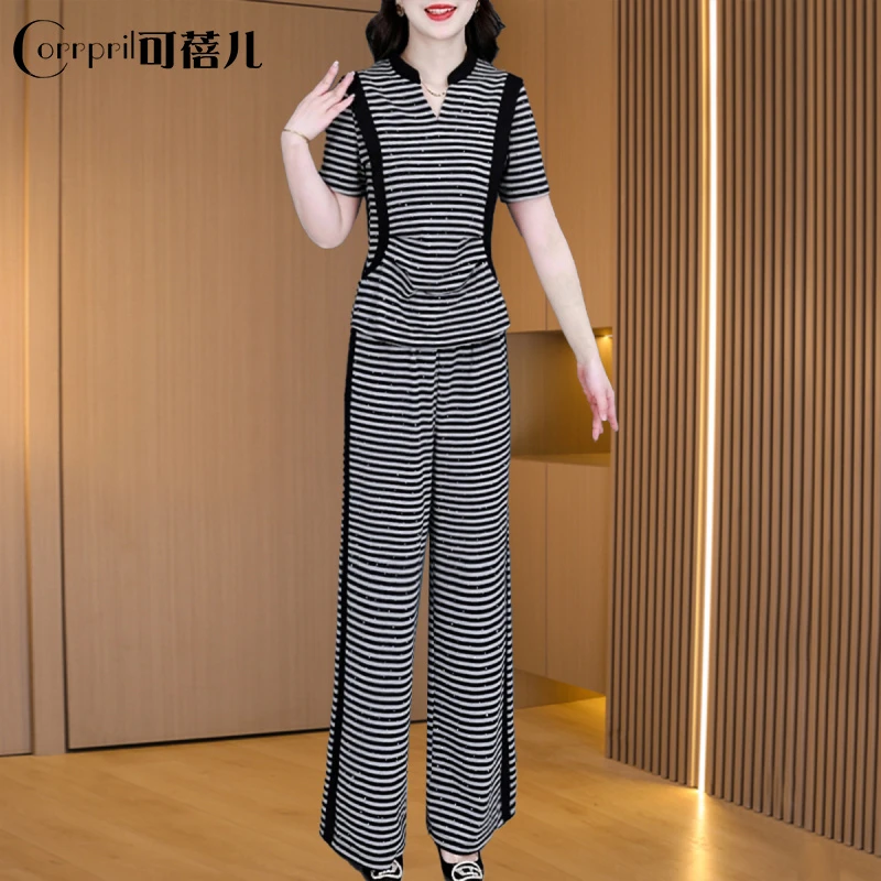 【可蓓儿】条纹时尚职业套装女装夏装2024新款贵夫人休闲气质两件套