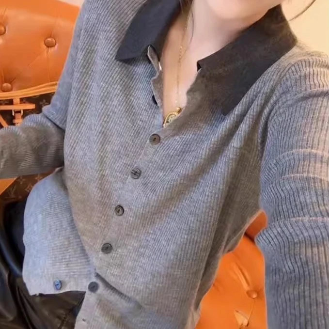 韩系气质撞色翻领长袖针织开衫女春秋2025新款显瘦百搭T恤上衣潮