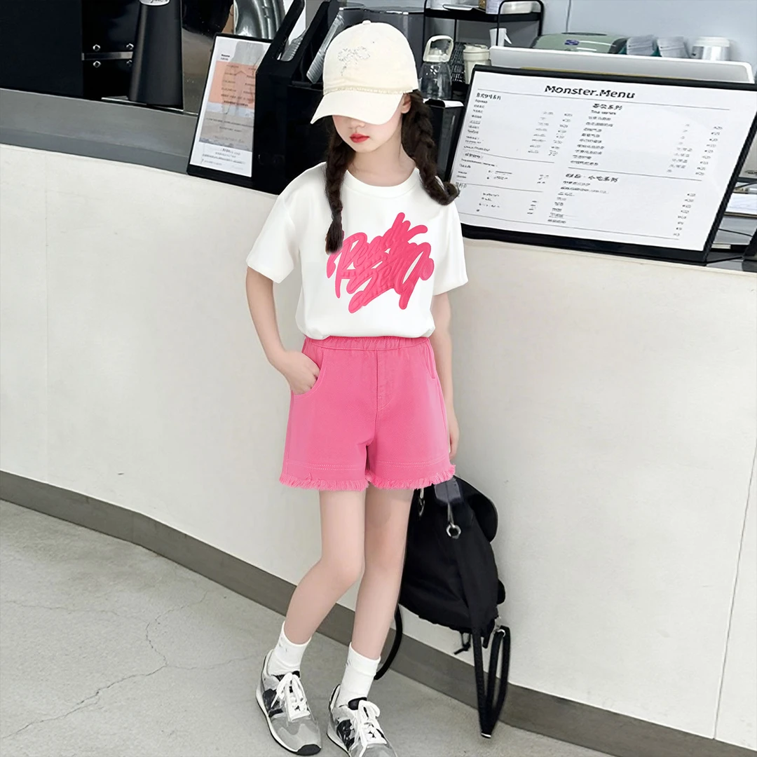 女童套装夏装2025新款洋气儿童小女孩短袖T恤夏季牛仔短裤两件套