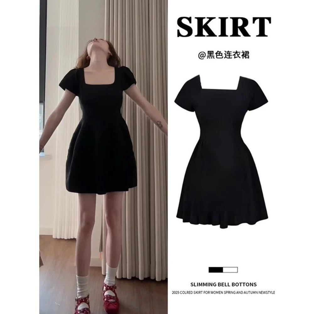 黑色连衣裙女夏日绝美漂亮小个子黑裙收腰a字短裙子2025夏季穿搭