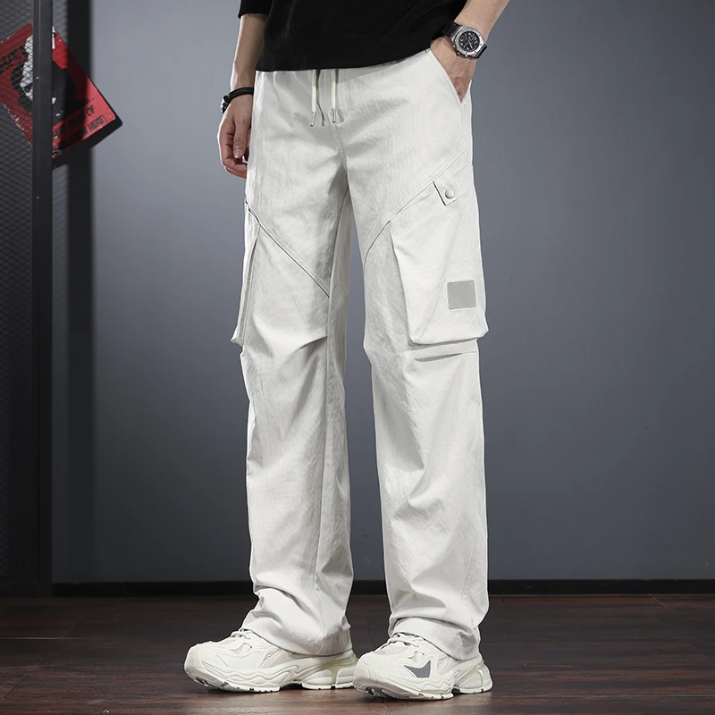 浅色休闲长裤男2025新款秋季宽松直筒阔腿裤高街机能工装伞兵裤潮