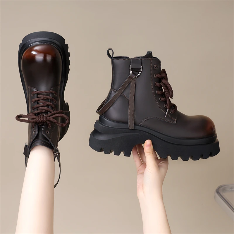 厚底擦色马丁靴女2025秋季新款小个子超火英伦风增高机车炸街短靴