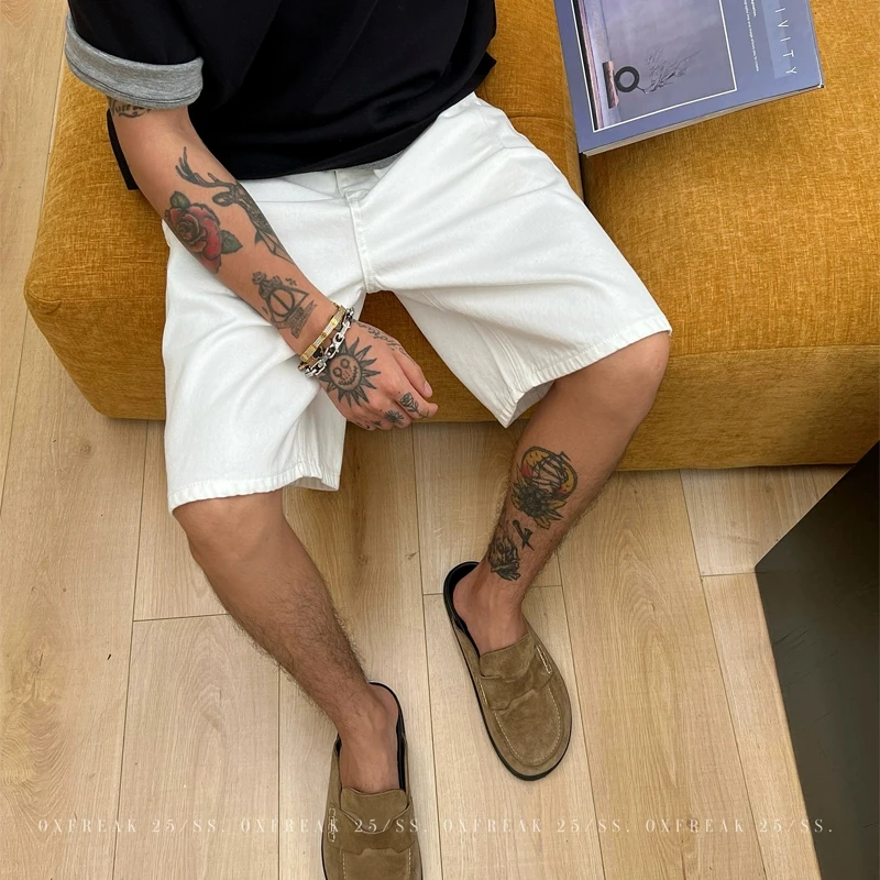 OXFREAK「基础款 cleanfit」白色牛仔短裤男直筒宽松过膝中裤夏季