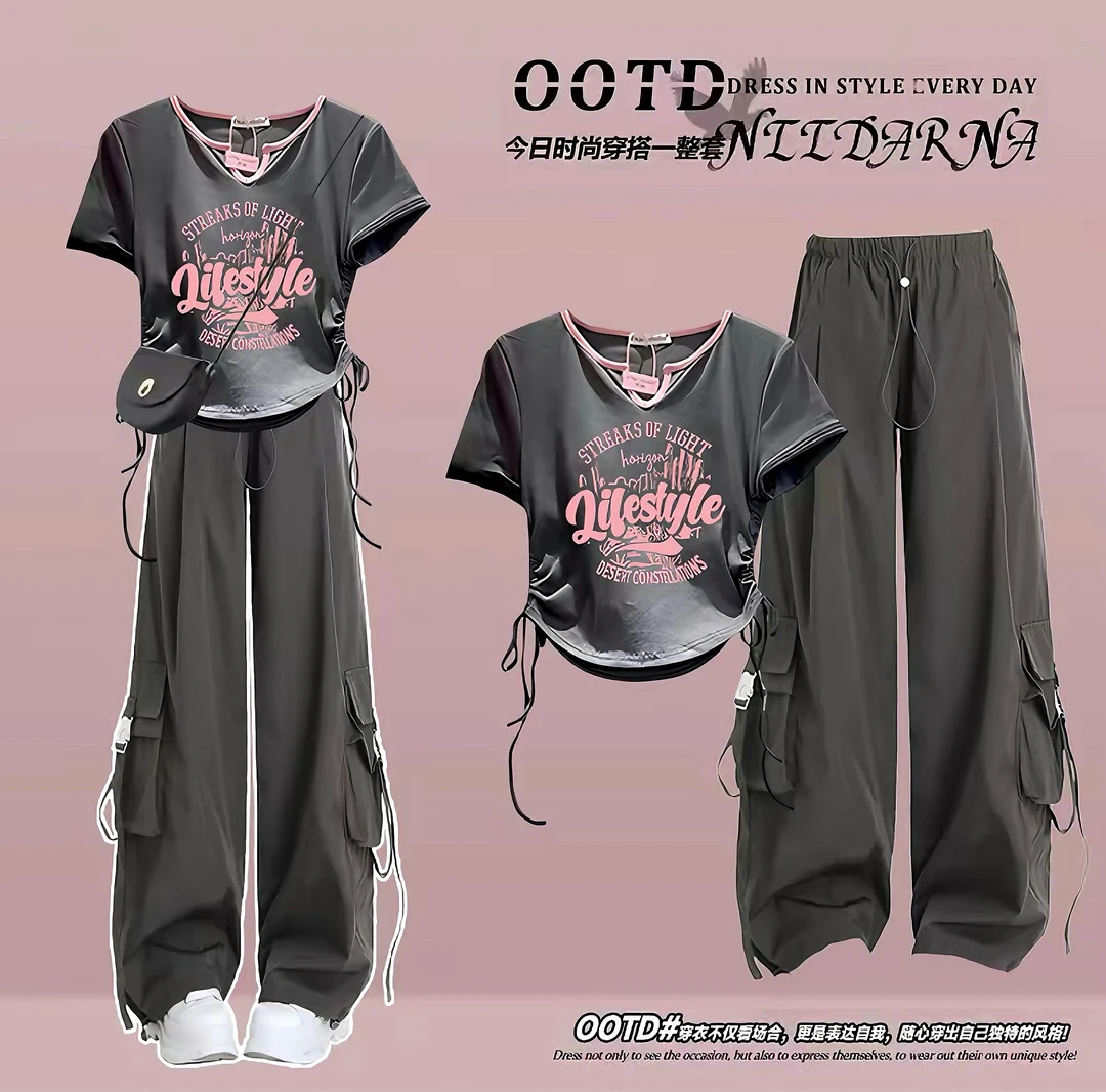 中大女童夏装少女套装初中学生短袖上衣高腰显瘦工装阔腿裤两件套