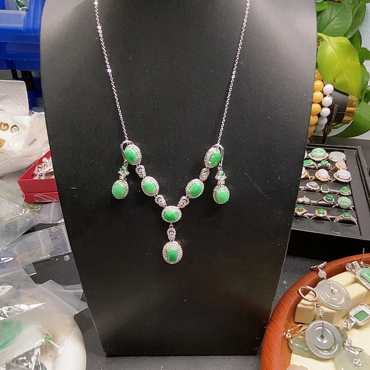 翡翠银S925镶嵌颈饰萍****多绿蛋项链耳环