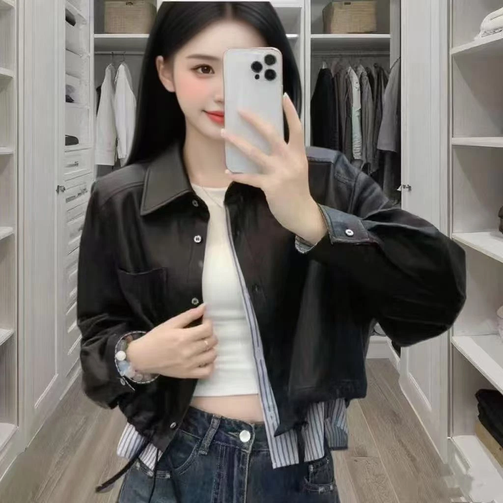 8852设计拼接外套假两件减龄下摆抽绳短外套新款上衣女装正肩皮衣