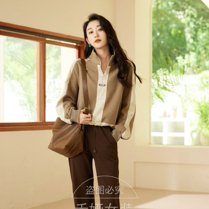 希茜171 秋季长袖拉链撞色宽松女短外套卫衣