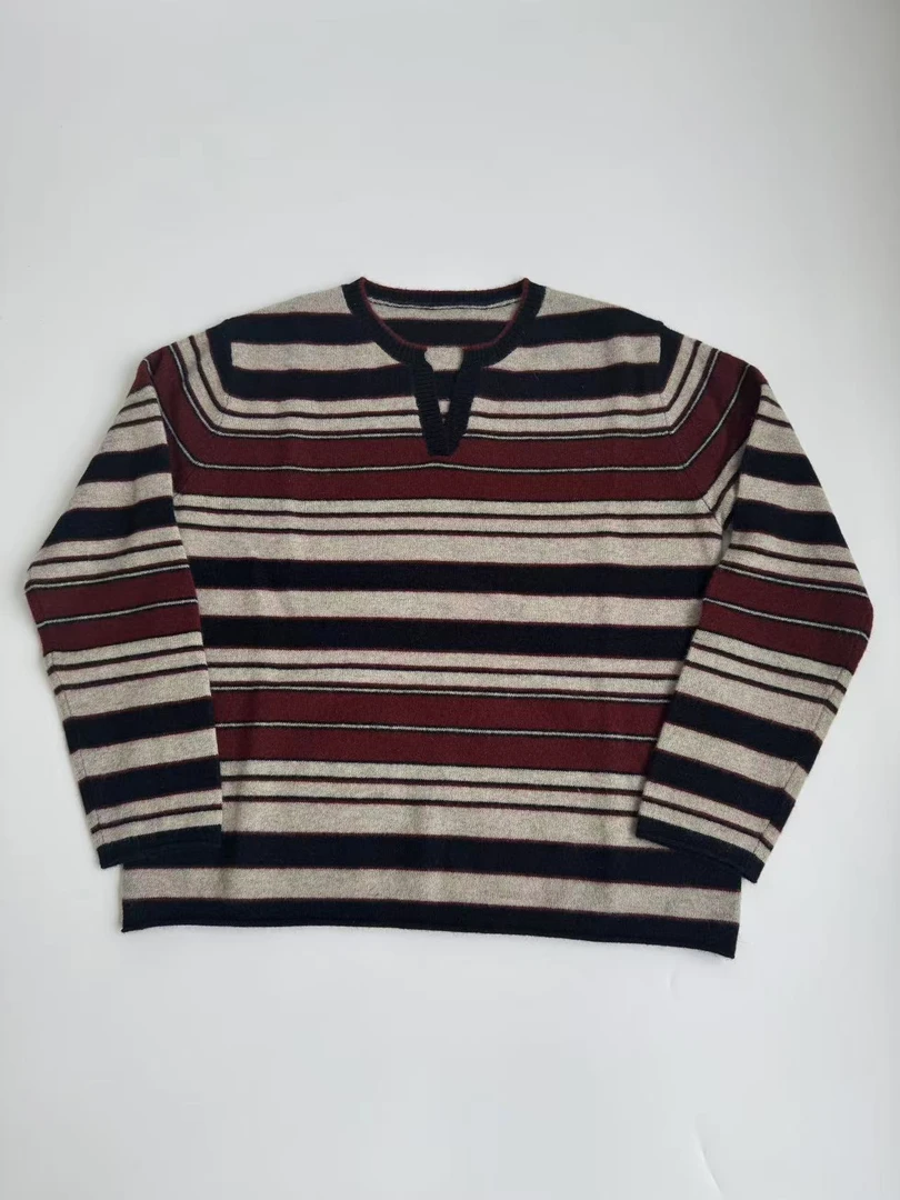 断码福利No退换 秋冬新款  撞色条纹羊毛混纺小V领上衣女-1