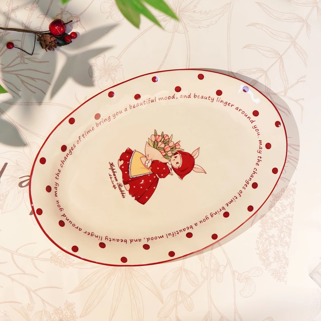 赫本兔复古高级轻奢家用陶瓷釉下彩创意网红椭圆鱼盘12.5英寸