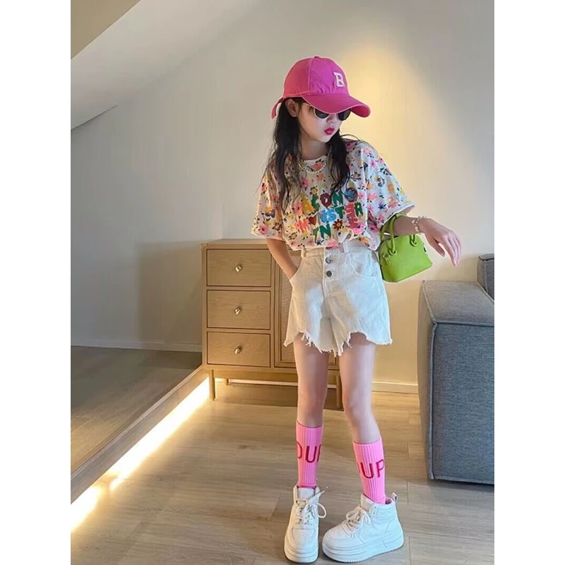 儿童夏装中大童夏季新款洋气女孩女童短裤套装网红短袖两件套
