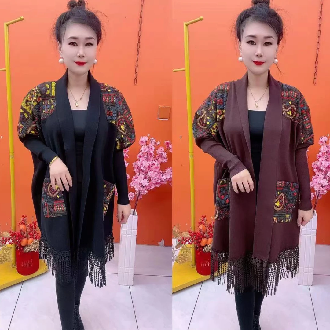 休闲风洋气花色女开衫毛针织衫针织秋季大码中长款