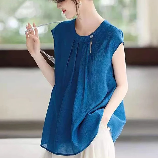 韩版盐系蓝色小飞袖无袖衬衫女2025年夏季新款知性温柔风宽松衬衣