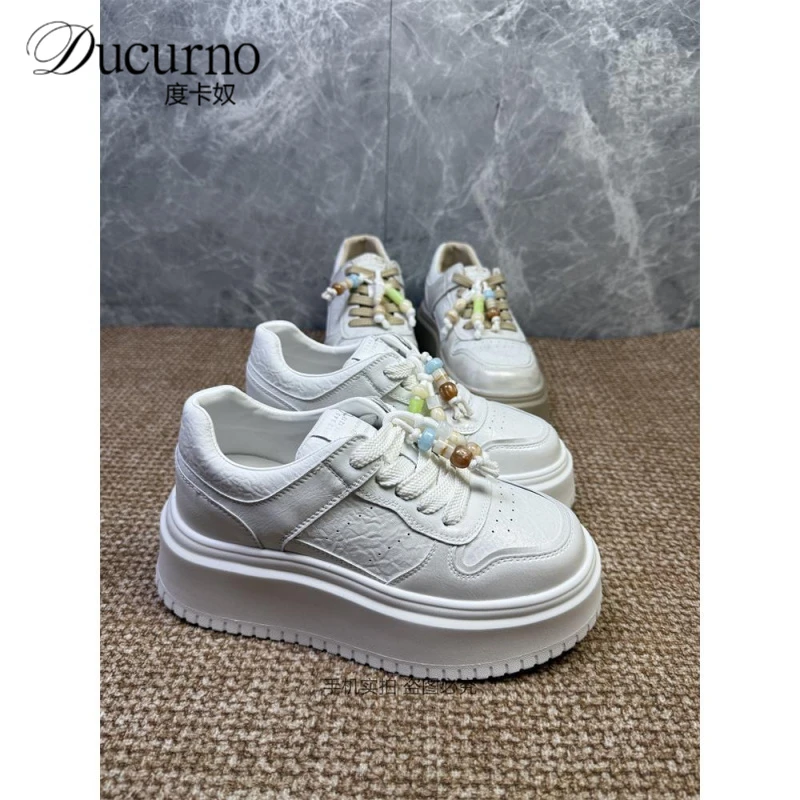 秋季女鞋5厘米厚底时尚松糕底板鞋中跟运动休闲鞋子系带小白单鞋