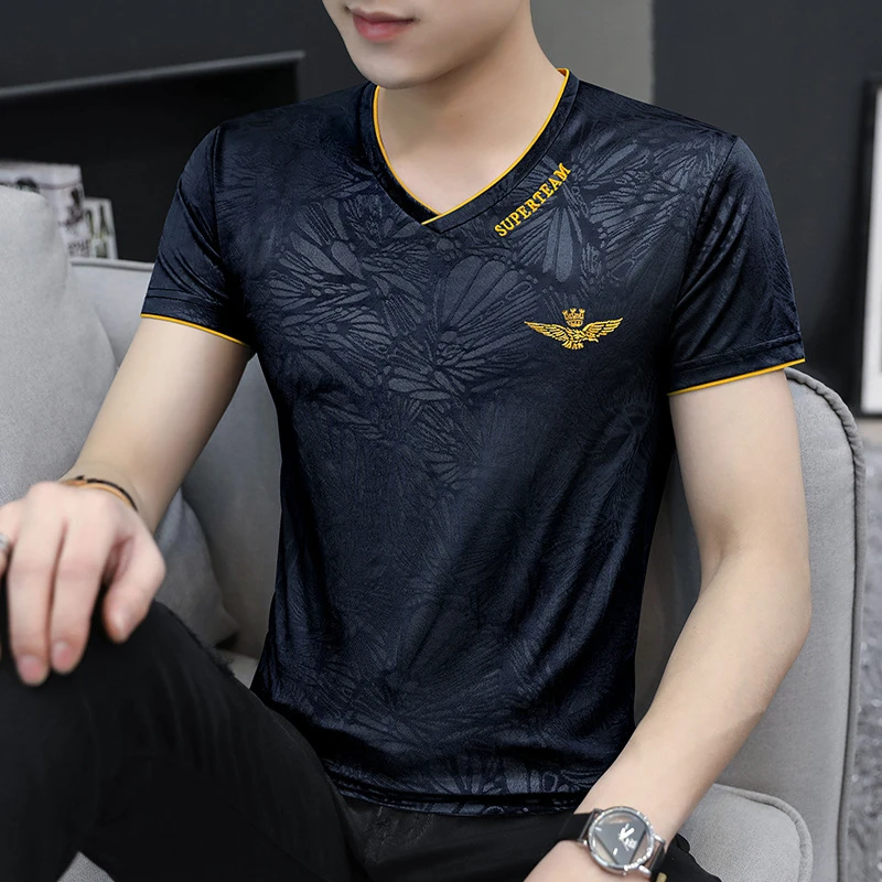 冰丝透气短袖t恤男士V领纯色2025夏季高端刺绣速干体恤上衣男