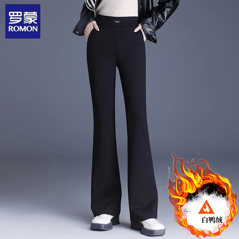 罗蒙秋冬季新款直筒羽绒裤外穿中年妈妈女裤子加绒加厚女士阔腿裤