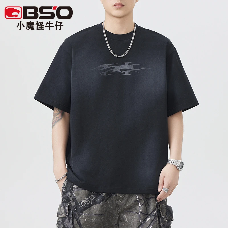 小魔怪夏季重磅300克印花洗水纯棉短袖T恤男国潮美式宽松日系体恤