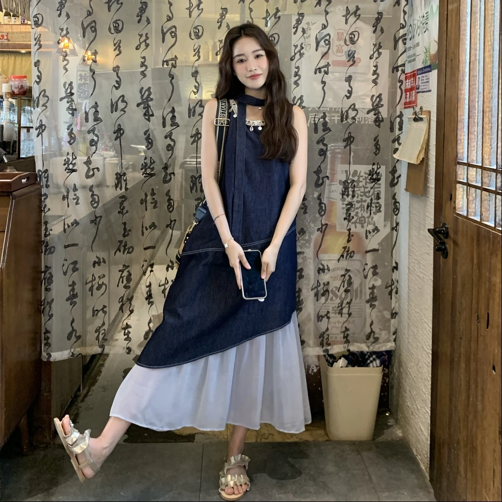 现货撞色拼接牛仔连衣裙2C090-8823-P145-K208韩范气质春夏装