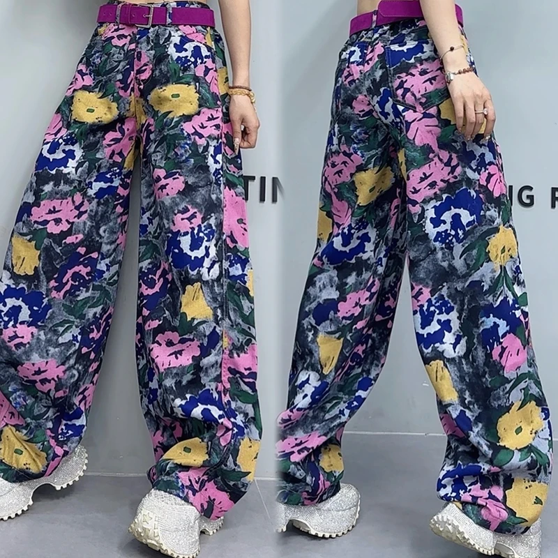 扎染阔腿弯刀裤牛仔裤2025夏季时尚高腰宽松显瘦休闲花裤子-7025