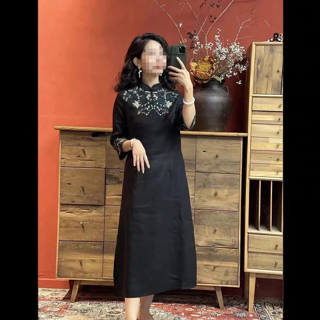 棉麻民族风国风气质收腰设计干立领刺绣长裙显高连衣裙新中式复古