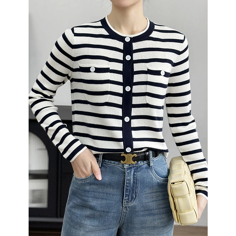 左左家 小禾yuan厂纱~撞色定位条纹蚕丝羊毛针开衫女圆领法式上衣