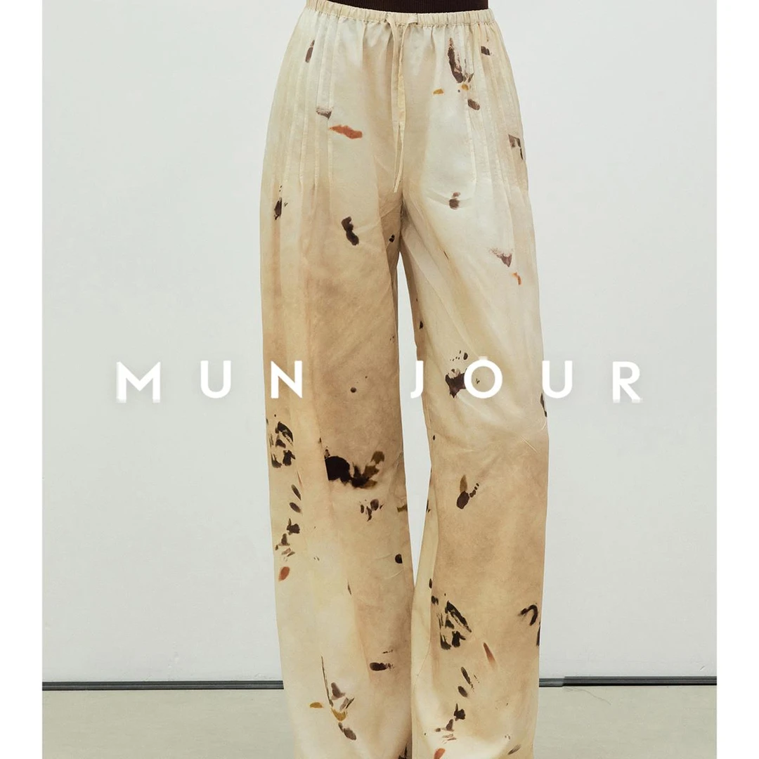 【达人专属】老钱新中式垂顺抗皱苎麻印花多褶松紧腰显瘦佰搭空气裤