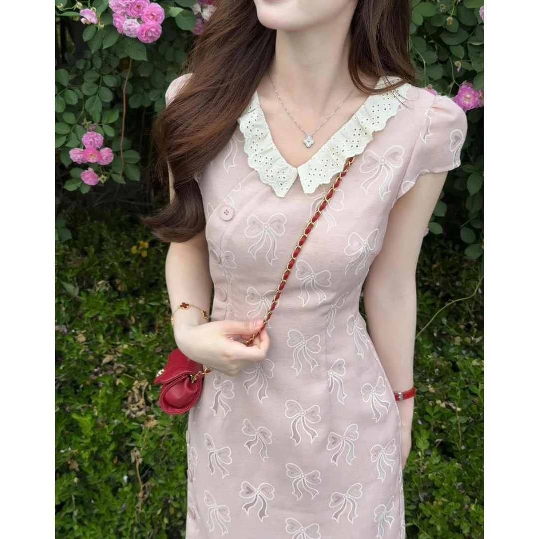 【9894】娃娃领镂空蝴蝶结旗袍新品温柔甜美少女风连衣裙