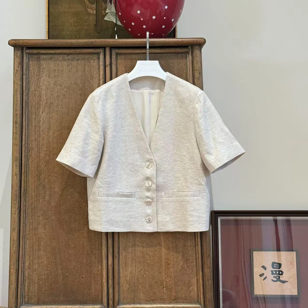 MYL 2025年夏季新款亚麻混纺米色上衣V领单排扣西装感短袖外套