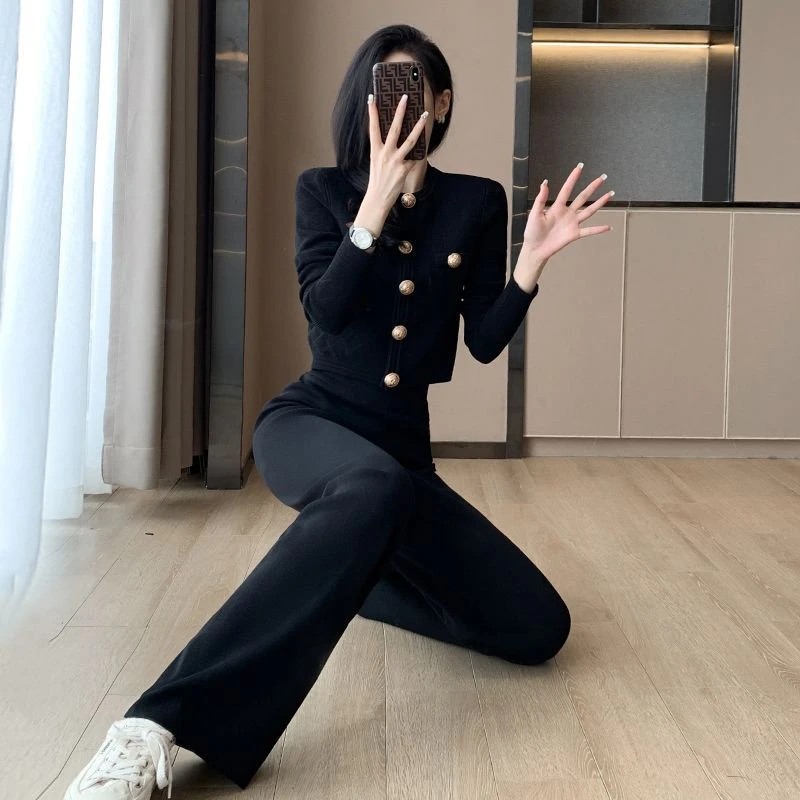 正品百搭酷飒洋气姐黑色显瘦阔腿裤针织套装小香风名媛气质两件套