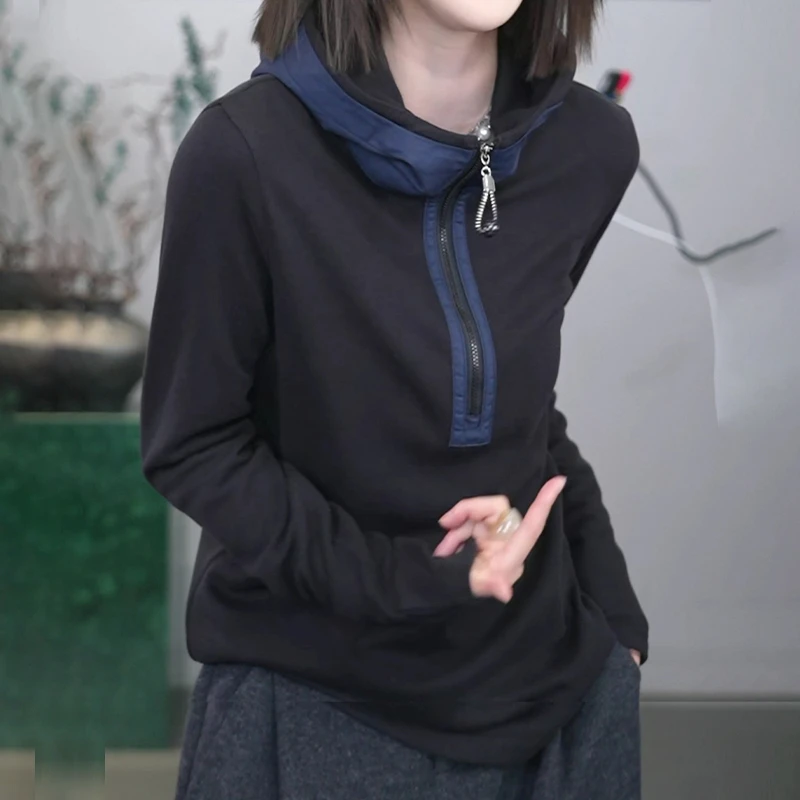 2025秋季新款韩系简约百搭设计感拼接连帽卫衣女士通勤休闲风上衣