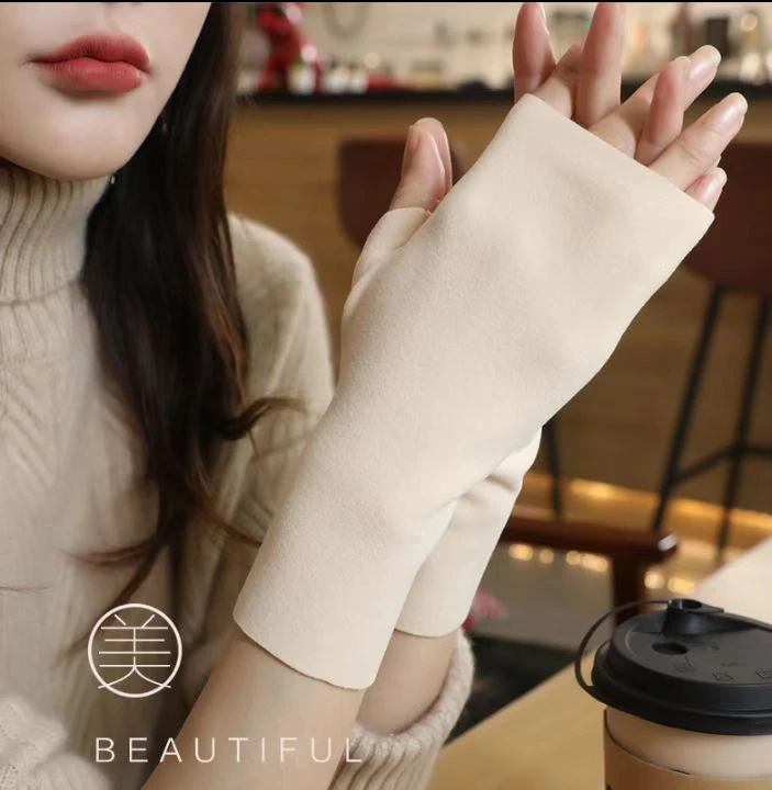 德绒半指手套男女秋冬季学生写字加厚保暖露指护腕触屏手套短袖套