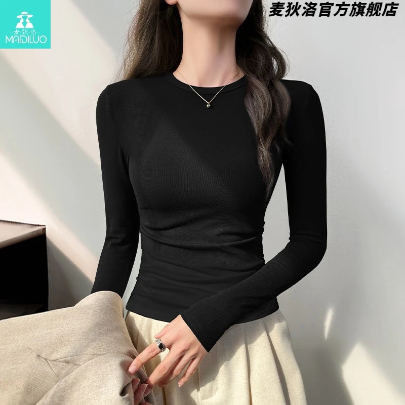 黑色长袖恤女2025春秋新款体恤修身百搭打底衫内搭圆领白色上衣