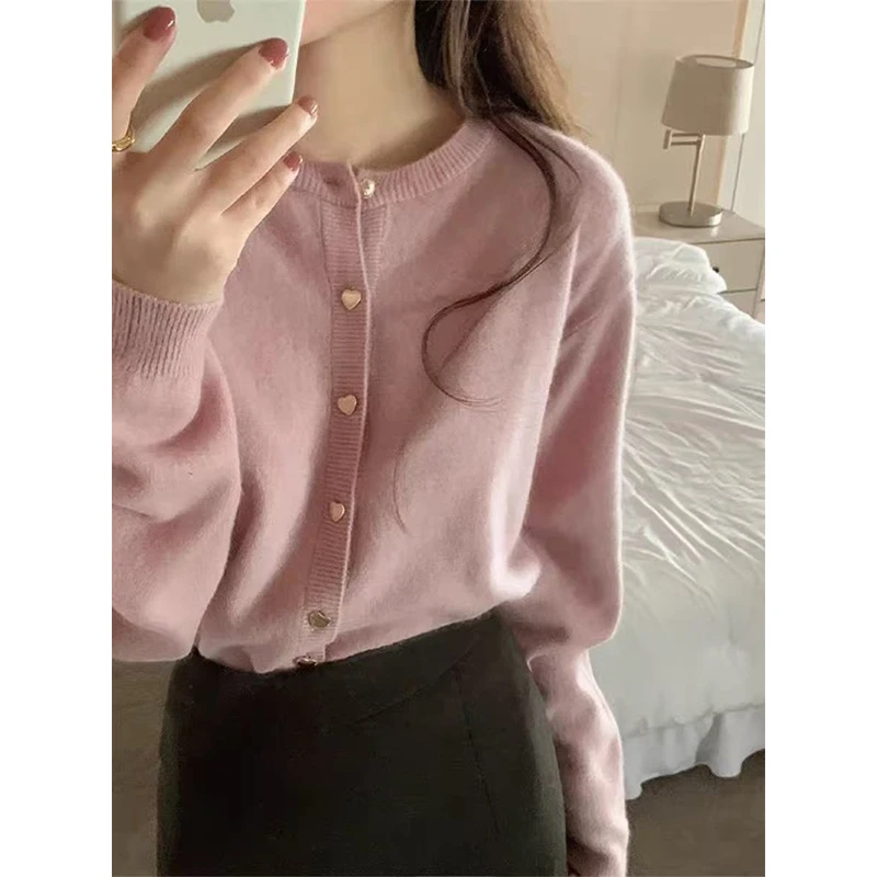 小香风软糯粉色圆领针织开衫长袖毛衣女秋冬季穿搭外套宽松上衣