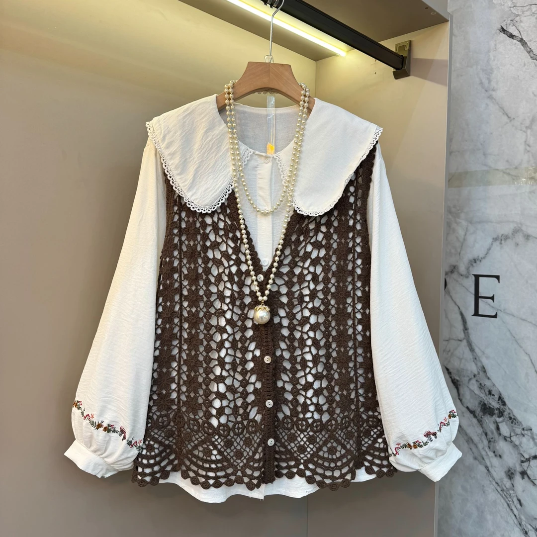 早秋2025新款大码女装娃娃领衬衫+镂空针织马甲百搭显瘦两件套832