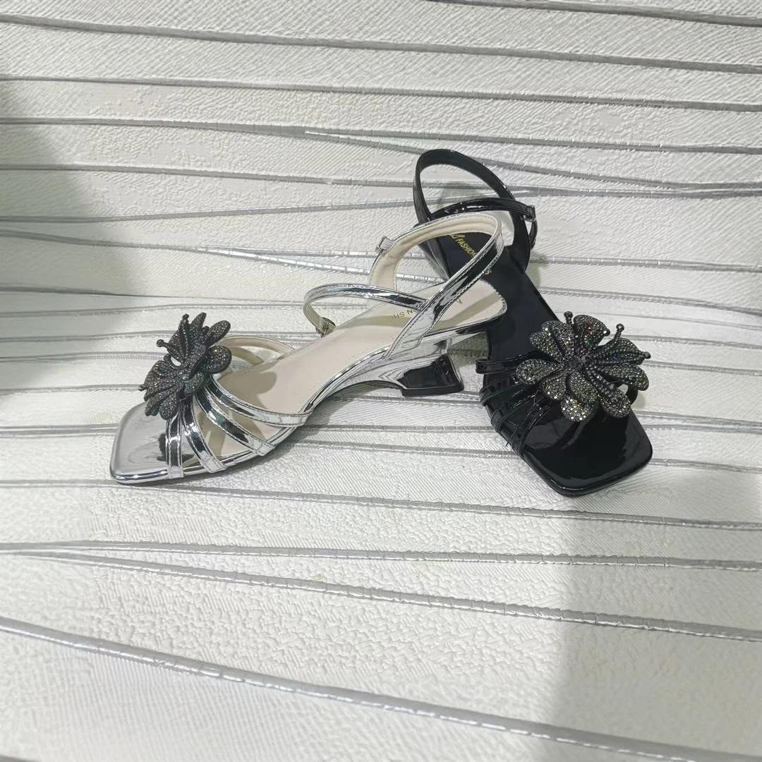 中跟一字式扣带水钻一字带凉鞋鞋子气质夏季一字带