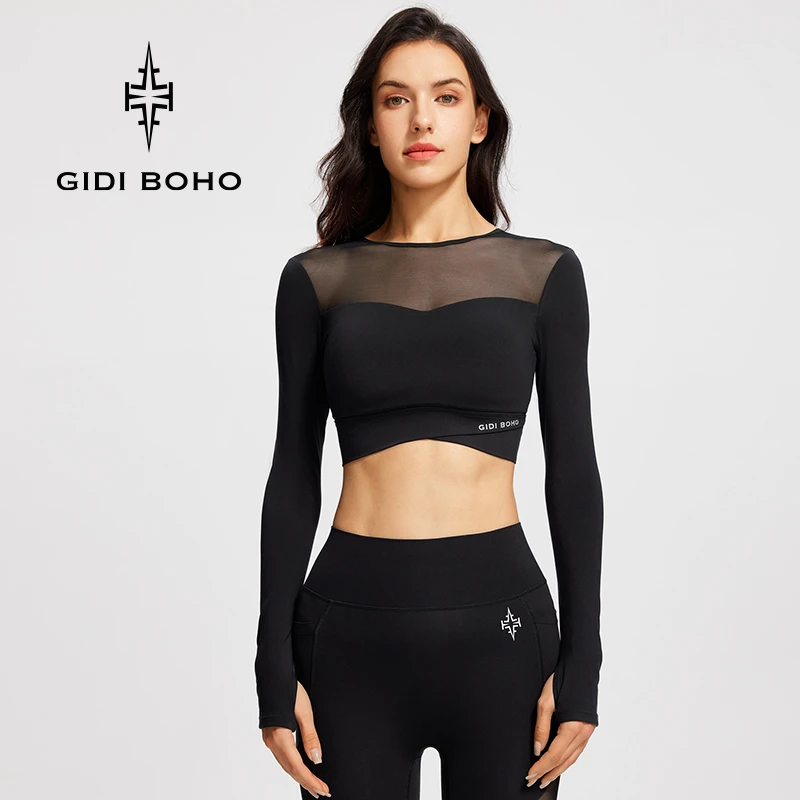 GIDI BOHO/极地薄荷春季长袖性感运动紧身美背网纱瑜伽T恤健身女