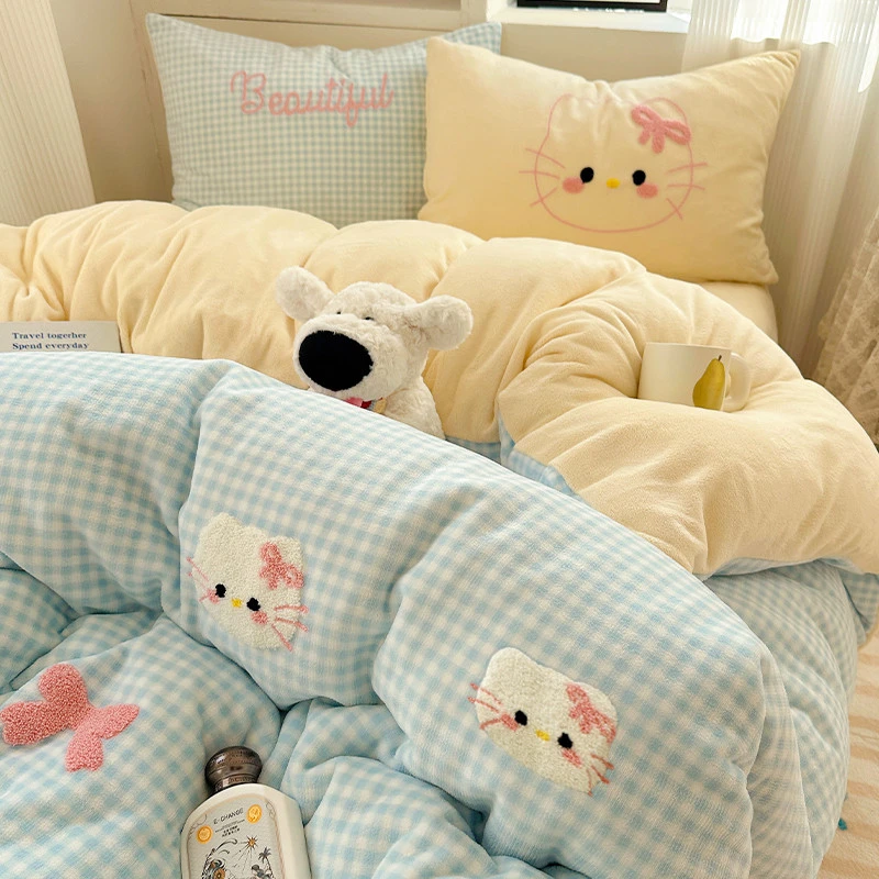 VRESH毛巾绣牛奶绒四件套冬季加厚珊瑚绒被套床单人保暖宿舍床品