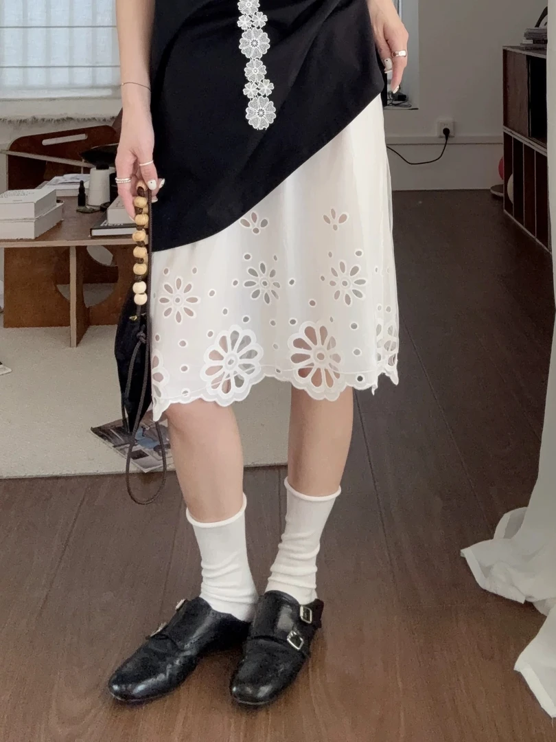 2025新款甜美烧花双层网纱蕾丝镂空花边半身裙时尚松紧腰裙子Q09