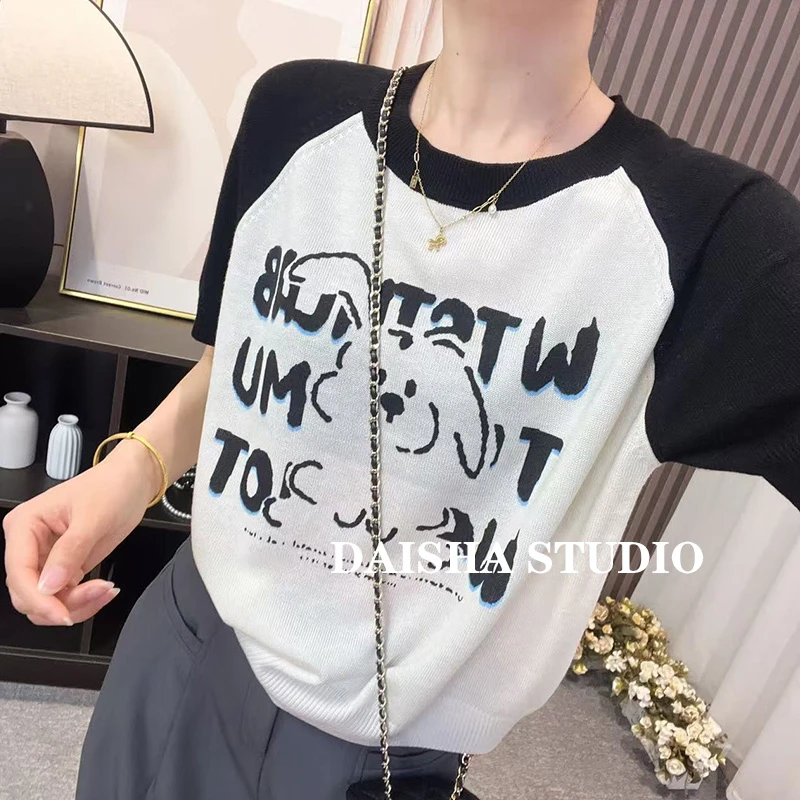 【字母兔子】夏季薄款学院风减龄百搭短袖针织T恤衫女显瘦圆领上衣