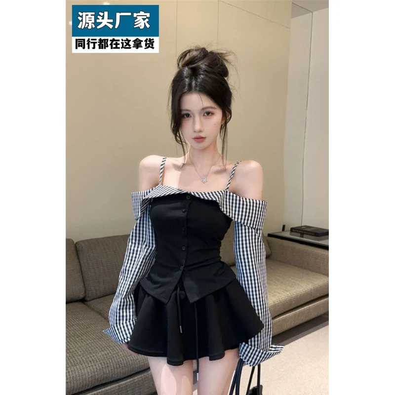 梵乐芬辣妹风黑色格子拼接时尚套装女早秋一字肩长袖吊带衬衫高腰