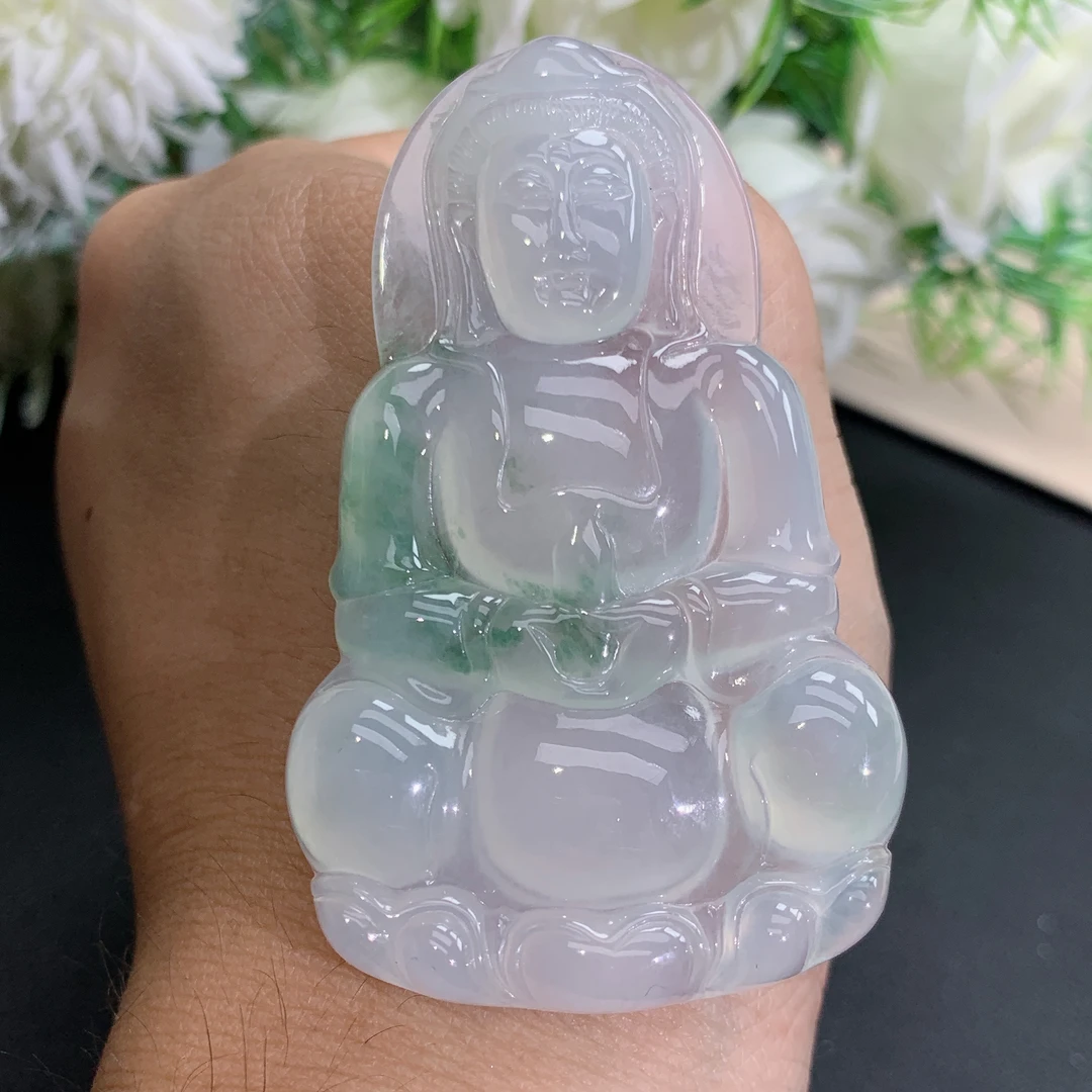 尺寸61.5×37.2×5.8缅甸天然翡翠A货冰胶白月光绿花观音吊坠