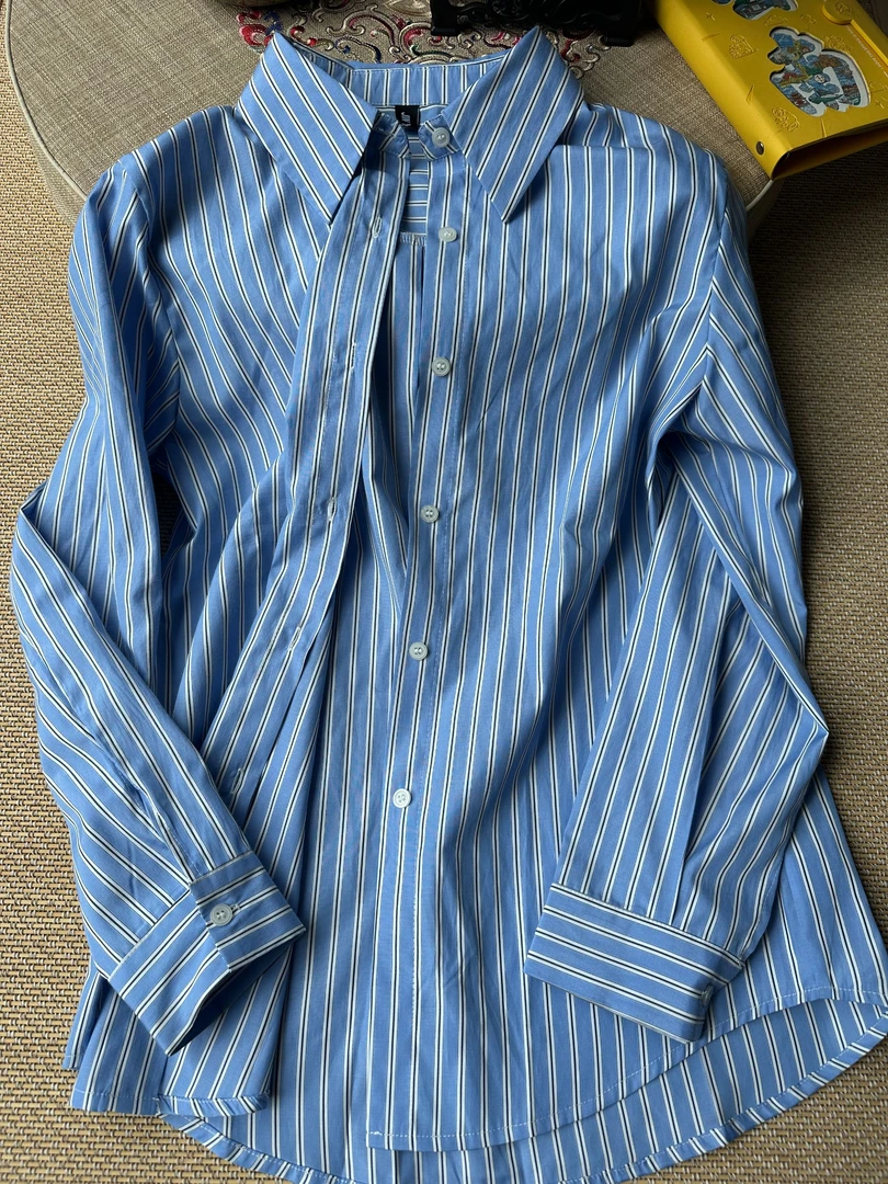衬衫领老钱风秋季不起球衬衣新款条纹衬衫蓝色韩版muji风千金风