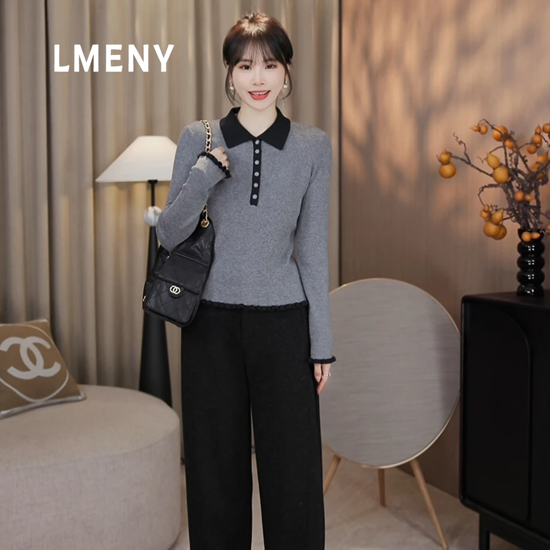 LMENY“花边撞色毛衫”玩转色彩！半开襟花边绵羊毛针织衫25DM008