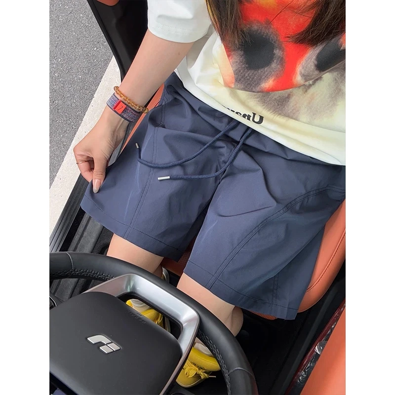 藏青色斜切工装短裤男款夏美式潮牌冰丝速干五分裤痞帅休闲运动裤
