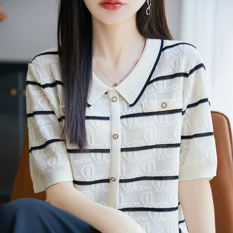 条纹提花短袖翻领T恤女2025夏季新款洋气大码针织半袖冰丝薄上衣