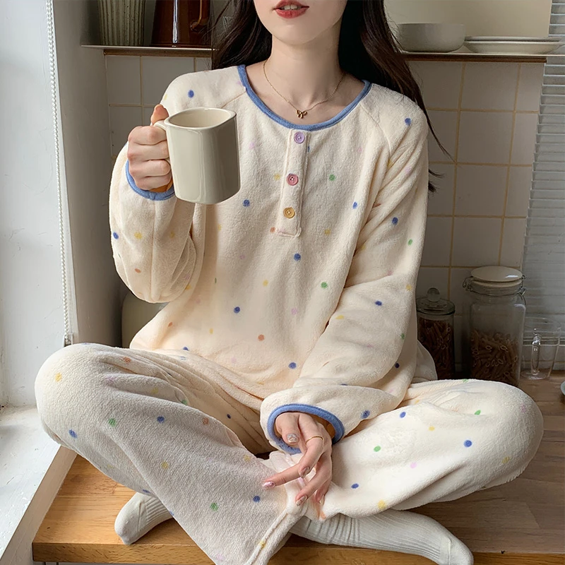 牛奶绒睡衣秋冬款女加绒加厚秋冬季卡通甜美冬季保暖家居服套装