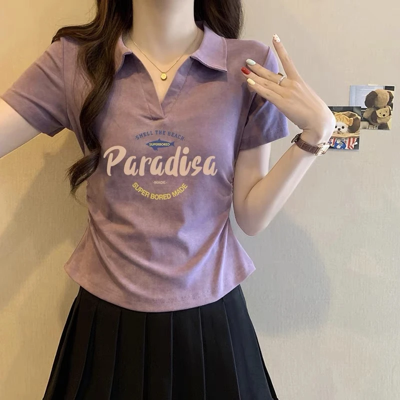 辣妹短袖紫色印花设计感上衣女夏季polo领学院风减龄百搭短款上衣