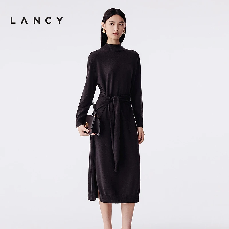 【100%羊毛】LANCY/朗姿2025冬季新款半高领绵羊毛黑色针织连衣裙